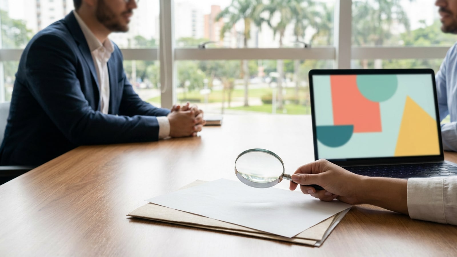 Duas pessoas avaliam documentos antes de formalizar uma sociedade empresarial