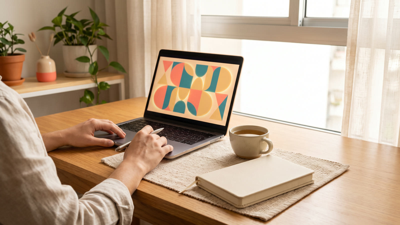 Laptop aberto sobre mesa de casa em luz natural, ao lado de xícara e caderno fechado