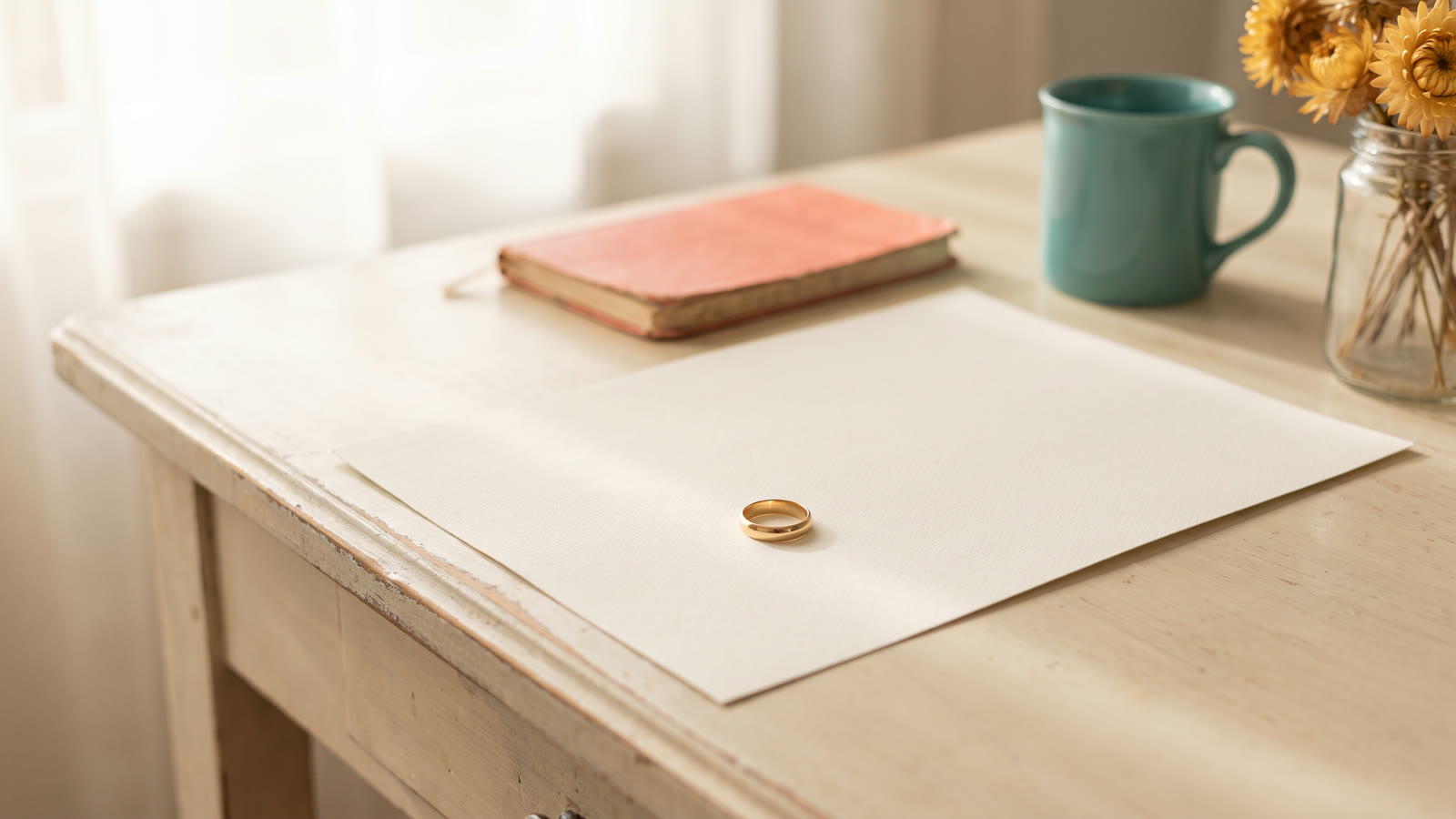 Aliança sobre documento em branco em cima de mesa clara, com luz natural difusa