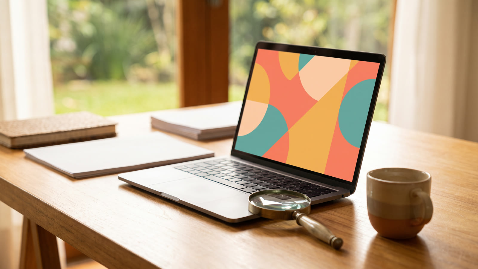Notebook aberto sobre mesa clara com lupa apoiada ao lado e xícara de café