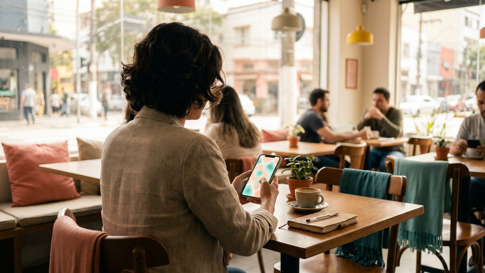 Mulher avisa uma amiga antes de um primeiro encontro em um café movimentado