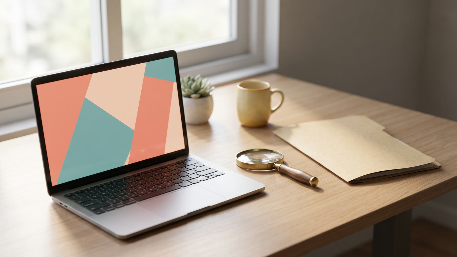Laptop com tela geométrica abstrata ao lado de lupa e pasta em branco