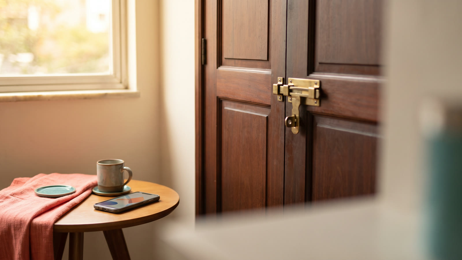 Porta de apartamento fechada vista por dentro com tranca acionada e luz natural