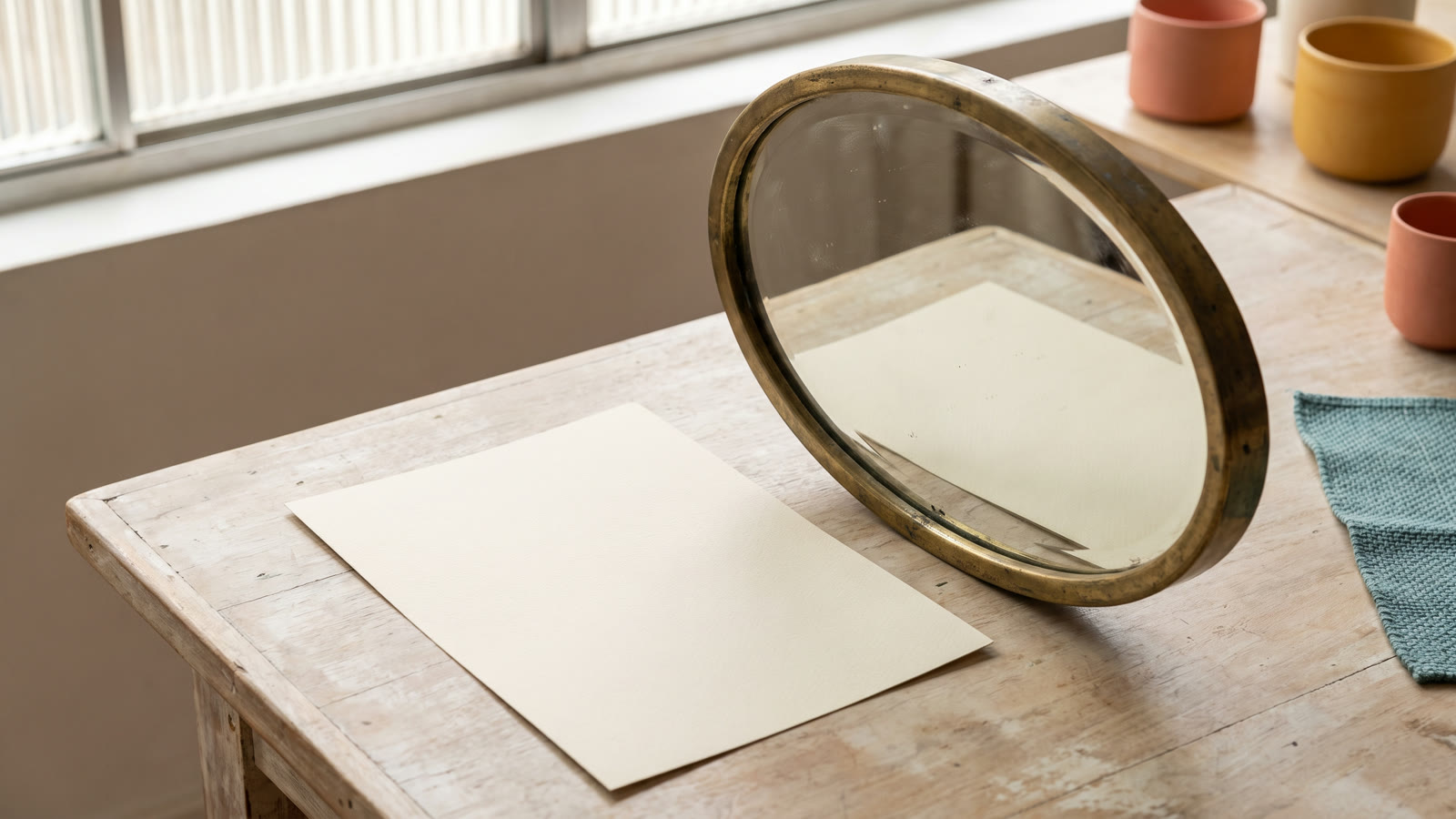 Folha em branco refletida de forma levemente distorcida em um espelho